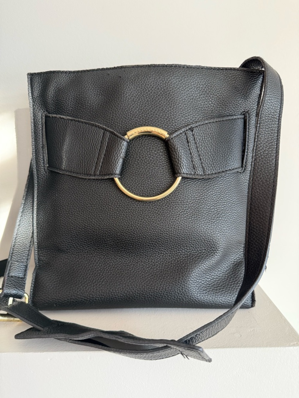 London Fog Black Pebble Leather Crossbody with Gold Ring